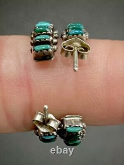 Vintage Zuni Sterling Silver Needle Point Turquoise Hoop Earrings MINT