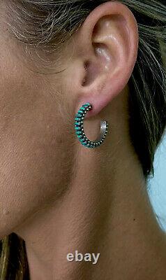 Vintage Zuni Sterling Silver Needle Point Turquoise Hoop Earrings MINT