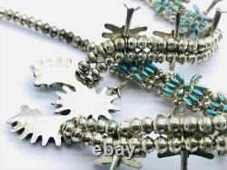 Vintage Zuni Sterling Silver Needle Point Turquoise Squash Blossom Necklace