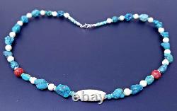 Vintage Zuni Sterling Silver Turquoise Coral Beaded Necklace 24