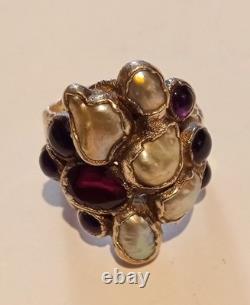 Vintage sterling silver ring with purple amethyst and pearl stones