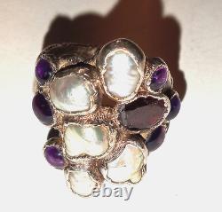 Vintage sterling silver ring with purple amethyst and pearl stones