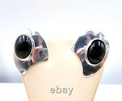 VintageTaxco Mexico TR-55 Sterling Silver 925 Clip Earrings Black Onyx Cabochon