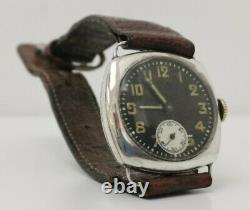 Vtg 1929 Glasgow Solid Sterling Silver Officers Trench Style Black Faced Watch