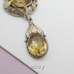 Vtg 1930s Art Deco Arts & Crafts Sterling Silver Rose Gold Citrine Necklace