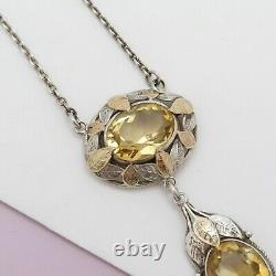 Vtg 1930s Art Deco Arts & Crafts Sterling Silver Rose Gold Citrine Necklace