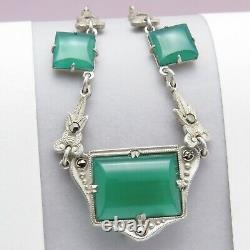 Vtg 1930s Art Deco Sterling Silver Natural Chrysoprase Marcasite Necklace