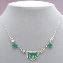 Vtg 1930s Art Deco Sterling Silver Natural Chrysoprase Marcasite Necklace