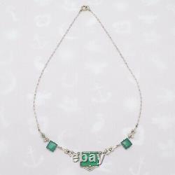 Vtg 1930s Art Deco Sterling Silver Natural Chrysoprase Marcasite Necklace