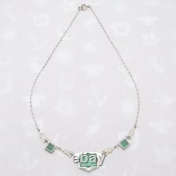 Vtg 1930s Art Deco Sterling Silver Natural Chrysoprase Marcasite Necklace