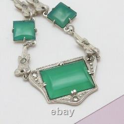 Vtg 1930s Art Deco Sterling Silver Natural Chrysoprase Marcasite Necklace