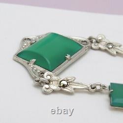 Vtg 1930s Art Deco Sterling Silver Natural Chrysoprase Marcasite Necklace