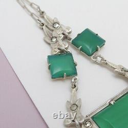 Vtg 1930s Art Deco Sterling Silver Natural Chrysoprase Marcasite Necklace