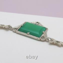 Vtg 1930s Art Deco Sterling Silver Natural Chrysoprase Marcasite Necklace