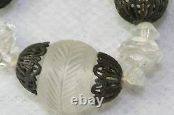 Vtg Antique 1920's French Lalique Frosted Satin Glass Sterling Silver Necklace