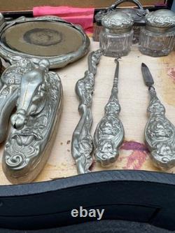 Vtg Antique Silver Color Art Nouveau Floral Dresser 10-piece Brushes Vanity Set