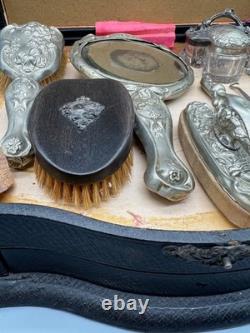 Vtg Antique Silver Color Art Nouveau Floral Dresser 10-piece Brushes Vanity Set