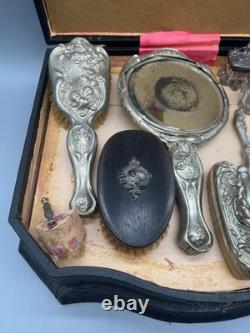Vtg Antique Silver Color Art Nouveau Floral Dresser 10-piece Brushes Vanity Set