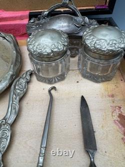 Vtg Antique Silver Color Art Nouveau Floral Dresser 10-piece Brushes Vanity Set