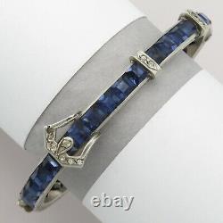 Vtg Art Deco Sterling Silver Channel Set Blue Glass Paste Buckle Bangle Bracelet