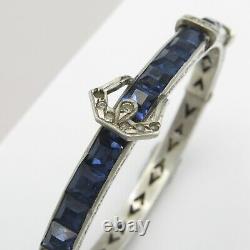 Vtg Art Deco Sterling Silver Channel Set Blue Glass Paste Buckle Bangle Bracelet