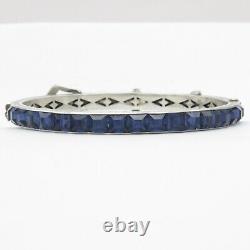 Vtg Art Deco Sterling Silver Channel Set Blue Glass Paste Buckle Bangle Bracelet