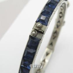 Vtg Art Deco Sterling Silver Channel Set Blue Glass Paste Buckle Bangle Bracelet