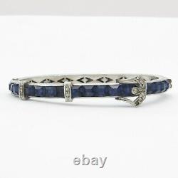 Vtg Art Deco Sterling Silver Channel Set Blue Glass Paste Buckle Bangle Bracelet