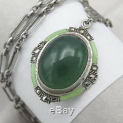 Vtg Art Deco Sterling Silver Natural Chrysoprase Enamel Marcasite Necklace