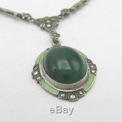 Vtg Art Deco Sterling Silver Natural Chrysoprase Enamel Marcasite Necklace