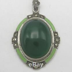 Vtg Art Deco Sterling Silver Natural Chrysoprase Enamel Marcasite Necklace