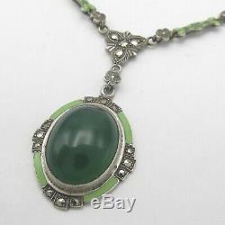 Vtg Art Deco Sterling Silver Natural Chrysoprase Enamel Marcasite Necklace