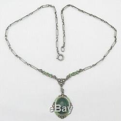 Vtg Art Deco Sterling Silver Natural Chrysoprase Enamel Marcasite Necklace