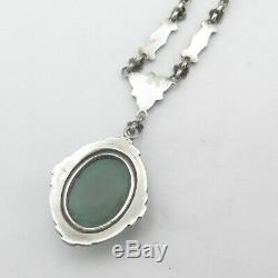 Vtg Art Deco Sterling Silver Natural Chrysoprase Enamel Marcasite Necklace