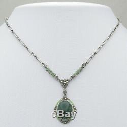 Vtg Art Deco Sterling Silver Natural Chrysoprase Enamel Marcasite Necklace