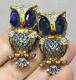Vtg Jewelry Coro Duette Owls Sterling Silver Brooch Fur Clip Enamel Rhinestones