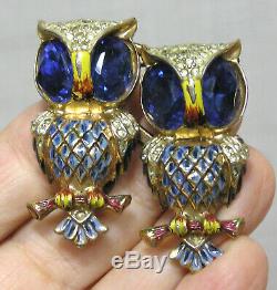 Vtg Jewelry CORO DUETTE OWLS Sterling Silver Brooch Fur Clip Enamel Rhinestones