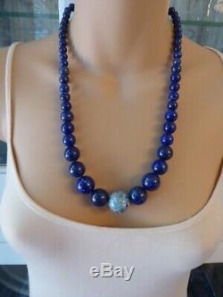 Vtg LRG Jay King DTR graduated lapis bead OPAL mosaic sterling silver necklace