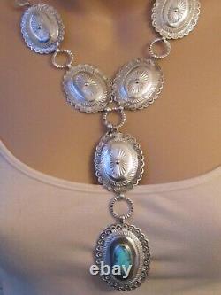 Vtg LRG Stamped sterling silver turquoise concho belt NECKLACE southwestern 110g