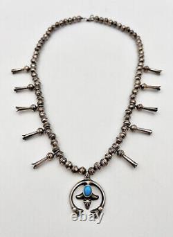 Vtg Navajo Sterling Silver Bench Bead & Turquoise Squash Blossom Necklace 19
