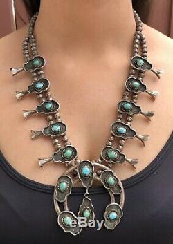 Vtg Navajo Sterling Silver Kingman Turquoise Shadow Box Squash Blossom Necklace