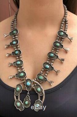 Vtg Navajo Sterling Silver Kingman Turquoise Shadow Box Squash Blossom Necklace