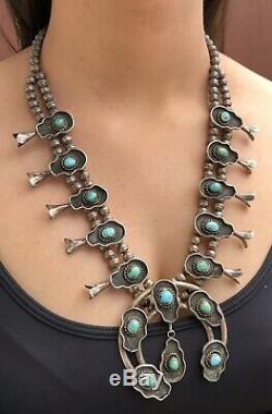 Vtg Navajo Sterling Silver Kingman Turquoise Shadow Box Squash Blossom Necklace