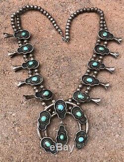 Vtg Navajo Sterling Silver Kingman Turquoise Shadow Box Squash Blossom Necklace