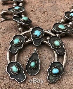 Vtg Navajo Sterling Silver Kingman Turquoise Shadow Box Squash Blossom Necklace