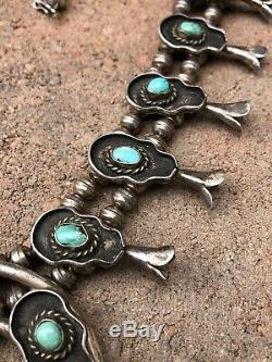 Vtg Navajo Sterling Silver Kingman Turquoise Shadow Box Squash Blossom Necklace