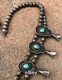 Vtg Navajo Sterling Silver Kingman Turquoise Shadow Box Squash Blossom Necklace