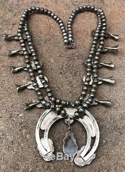 Vtg Navajo Sterling Silver Kingman Turquoise Shadow Box Squash Blossom Necklace