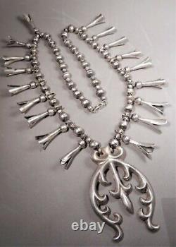 Vtg Navajo Sterling Silver Squash Blossom Necklace, Sand Cast Naja, 18 Blossoms