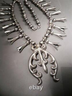 Vtg Navajo Sterling Silver Squash Blossom Necklace, Sand Cast Naja, 18 Blossoms